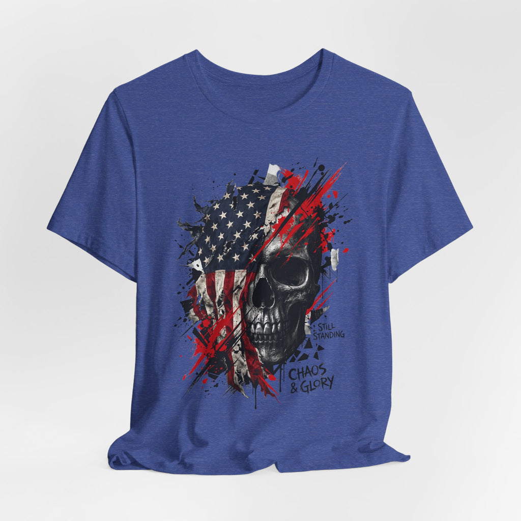 Royal blue crew-neck T-shirt with skull and stars-and-stripes graphic, red splatter.