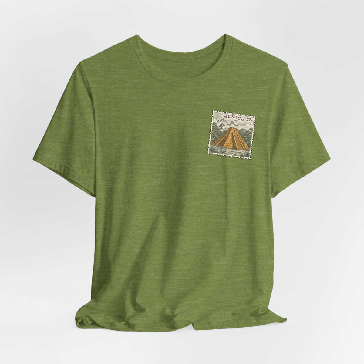 Travel t-shirt, olive green, front Mexico stamp with pyramid building graphic