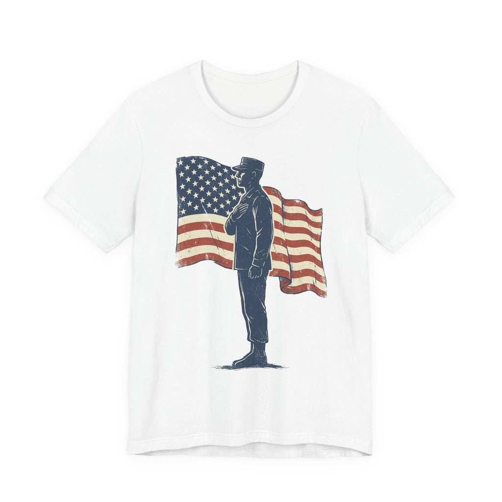 White crew-neck T-shirt with saluting soldier graphic and American flag print