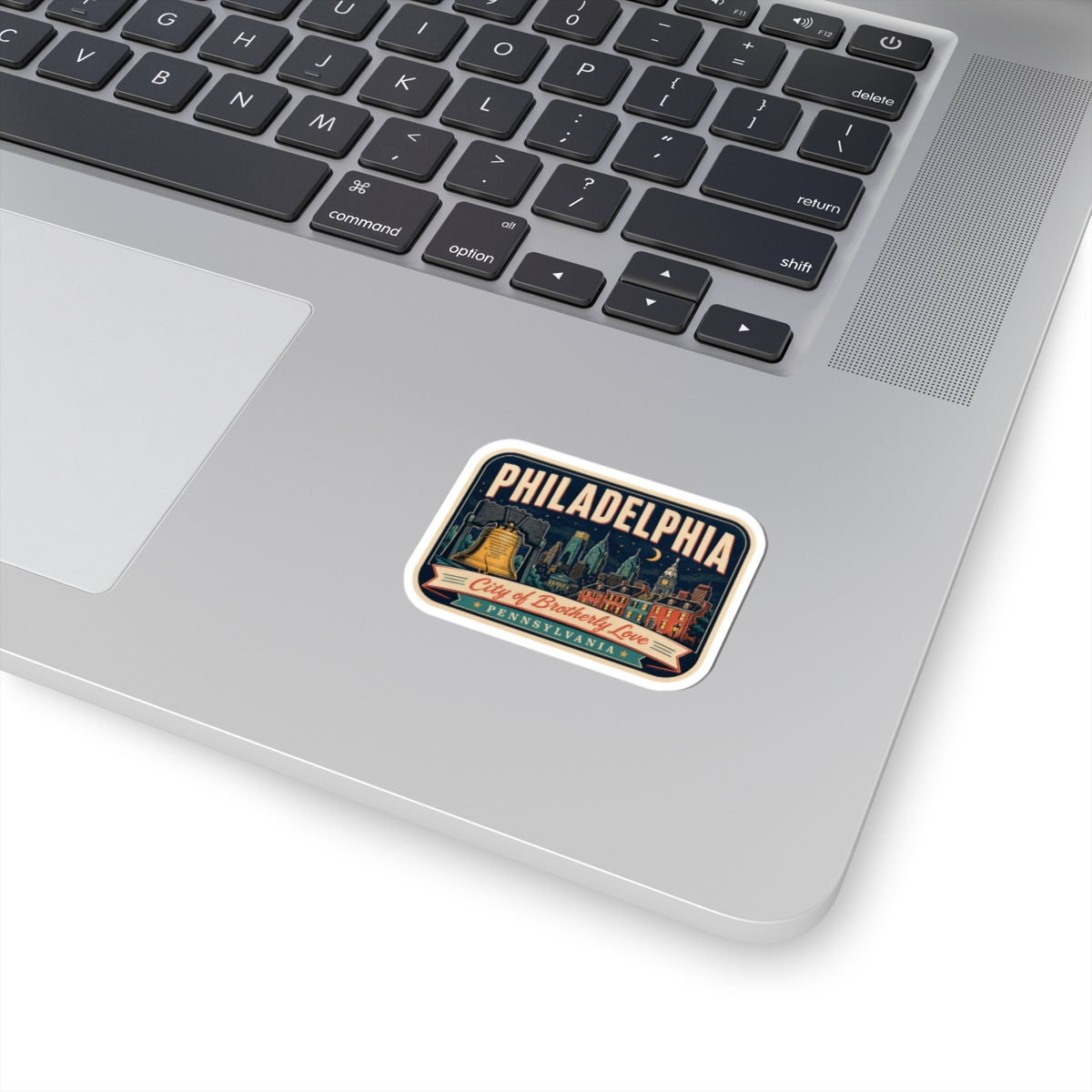 Philadelphia luggage tag sticker with vintage city view and bold blue text