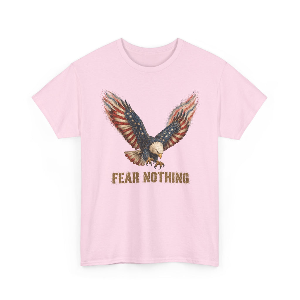 Light pink crew-neck t-shirt with eagle graphic and “FEAR NOTHING” text