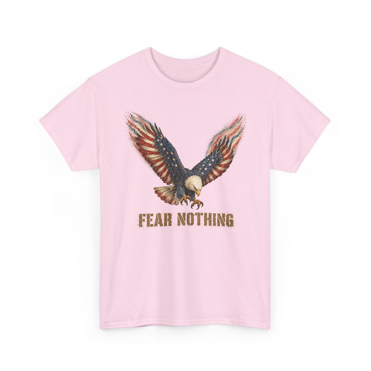 Light pink crew-neck t-shirt with eagle graphic and “FEAR NOTHING” text