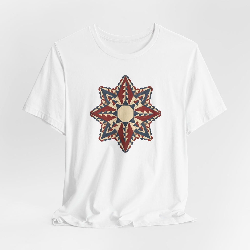White crewneck graphic tee with colorful Southwestern star mandala print at center