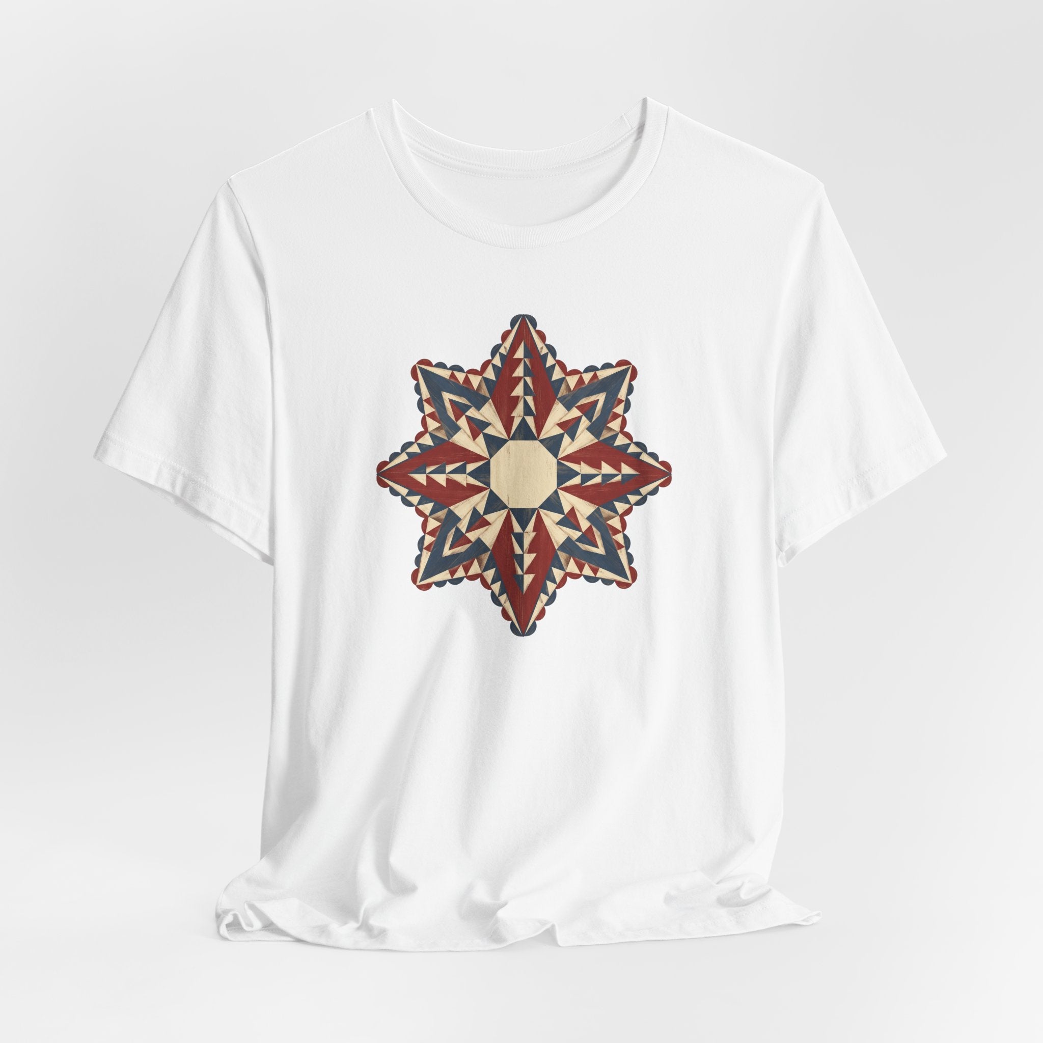 White crewneck graphic tee with colorful Southwestern star mandala print at center