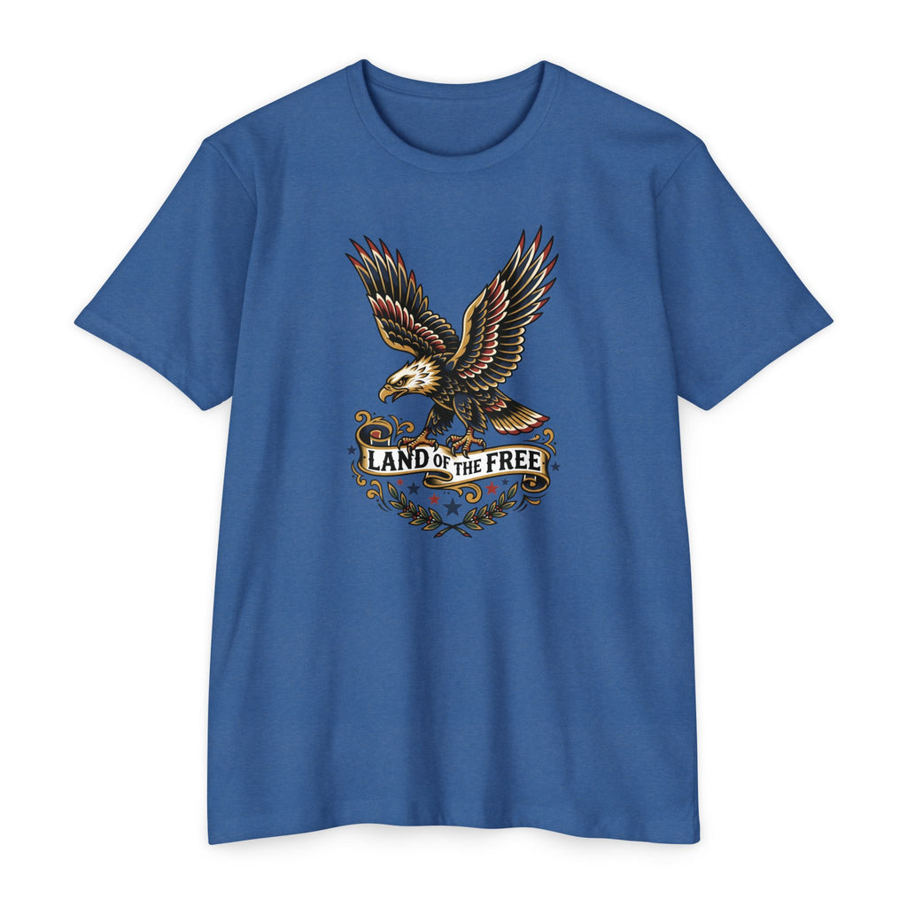 Navy T-shirt with multicolor eagle graphic and “LAND OF THE FREE” text