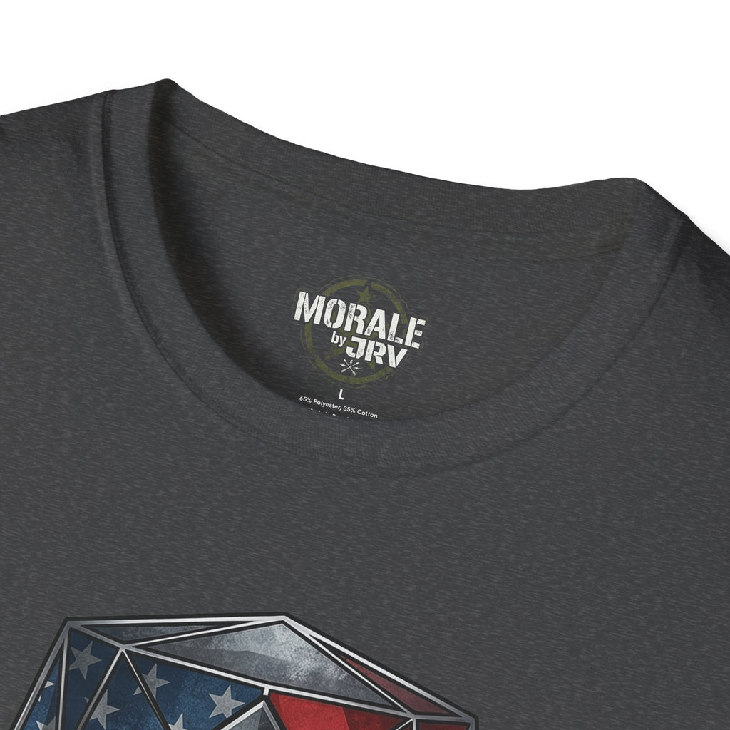 Dark Heather T-shirt neck logo and top of American flag helmet graphic