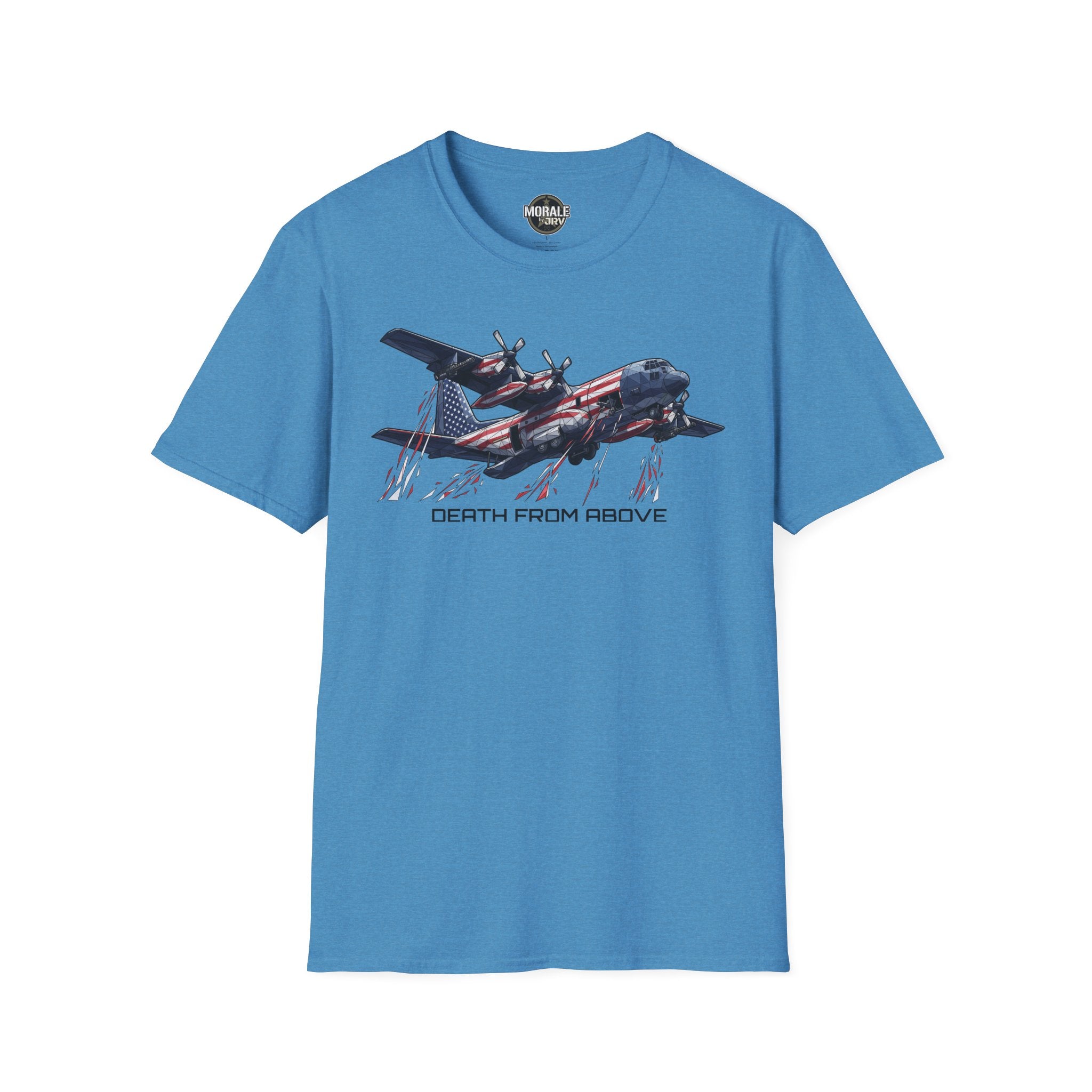 DEATH FROM ABOVE C-130 T-shirt, bright blue, front airplane graphic with flag