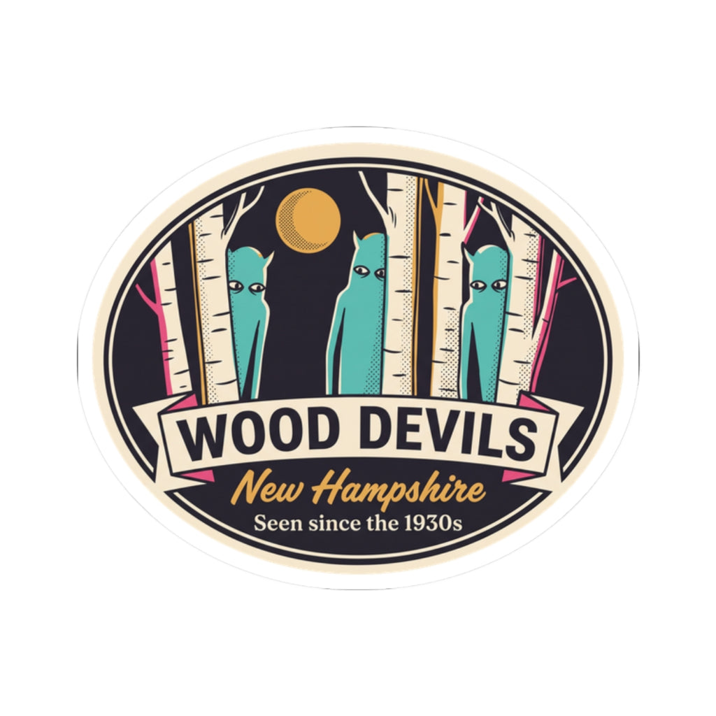 Kiss-cut vinyl sticker showing birch trees, teal characters, gold moon, and “New Hampshire”