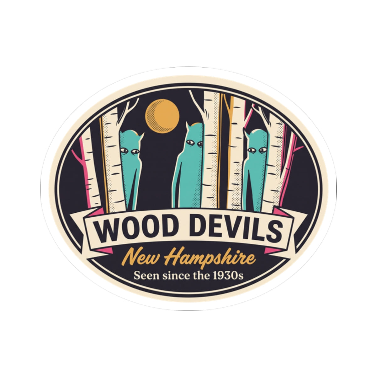 Kiss-cut vinyl sticker showing birch trees, teal characters, gold moon, and “New Hampshire”