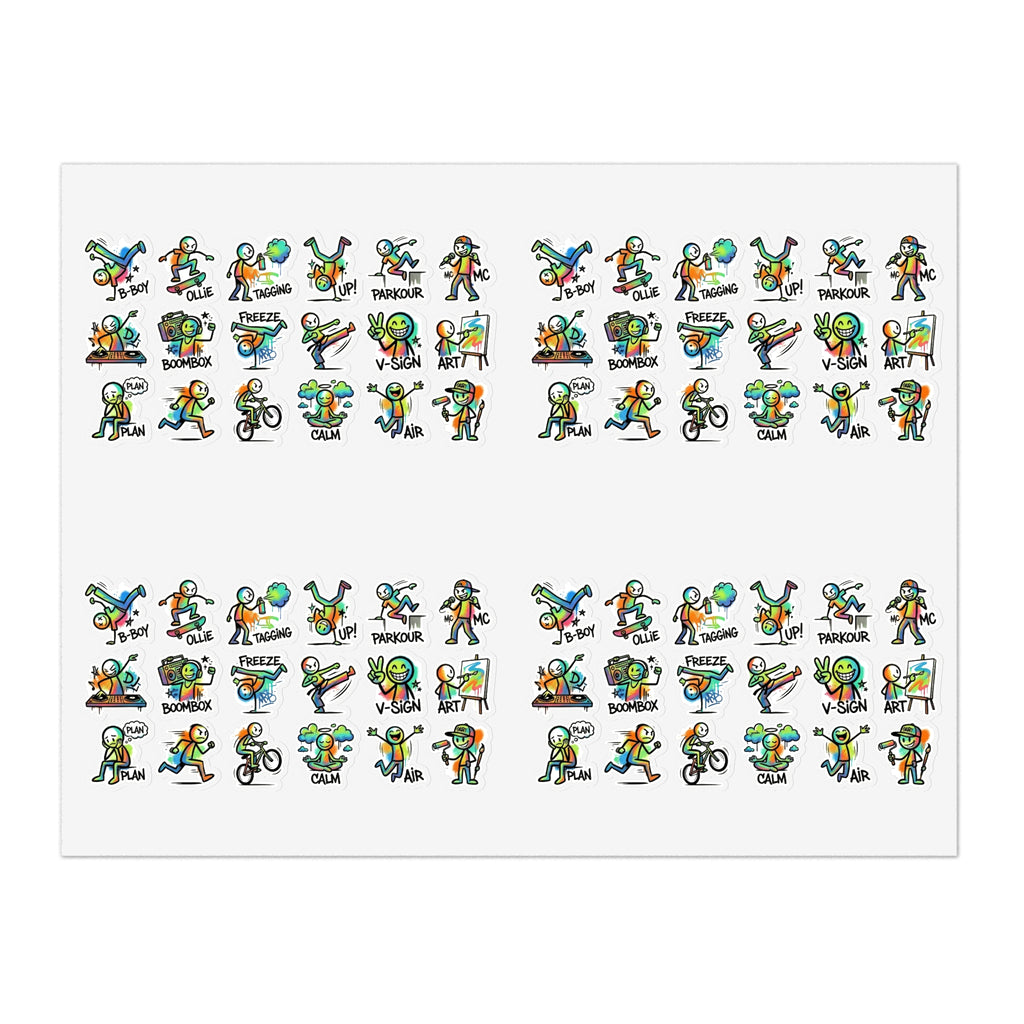 Mini Activity character sticker sheet with die-cut skating, training, and workout icons