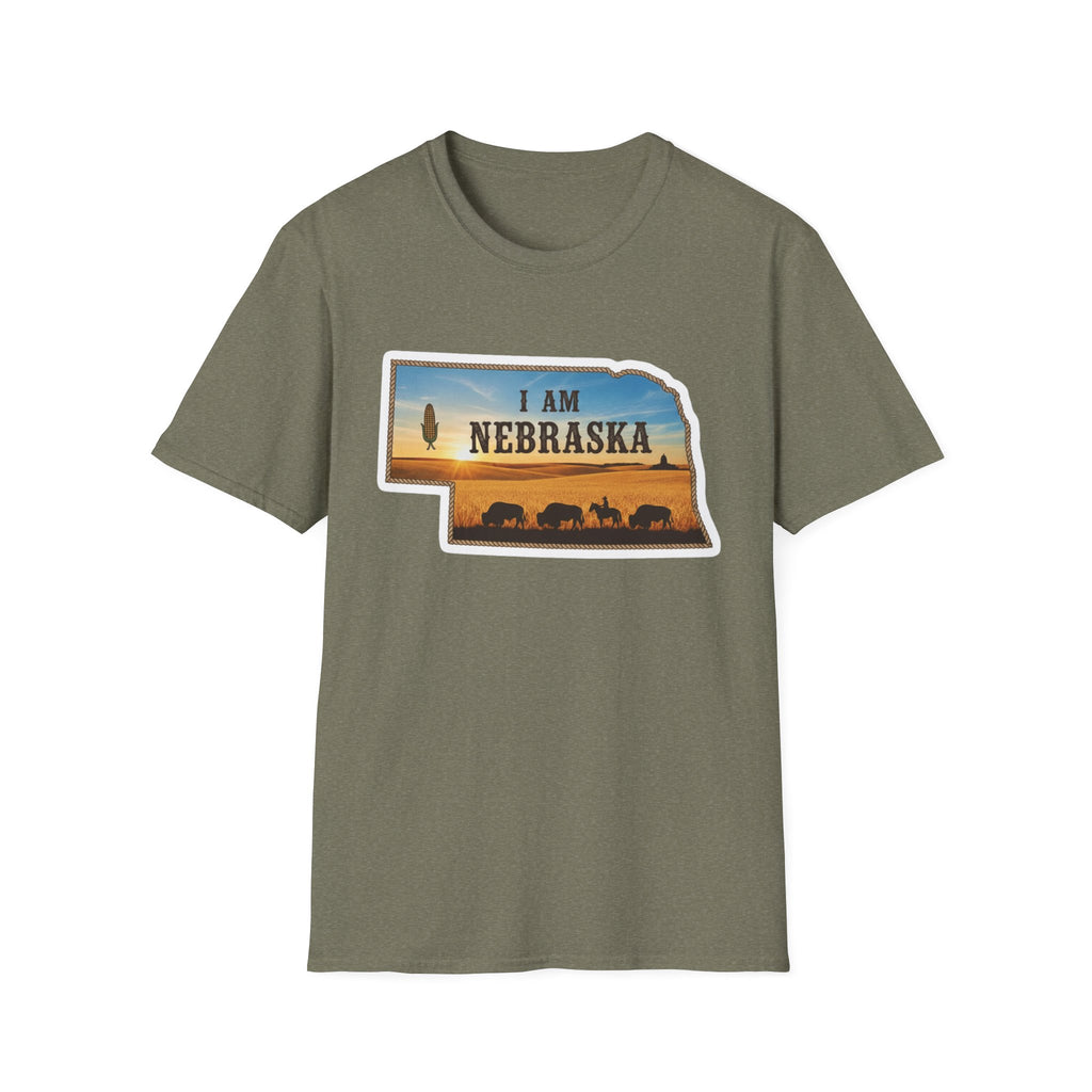 T-Shirt i am Nebraska, olivgrün; Frontprint mit Nebraska-Text und Tierherde