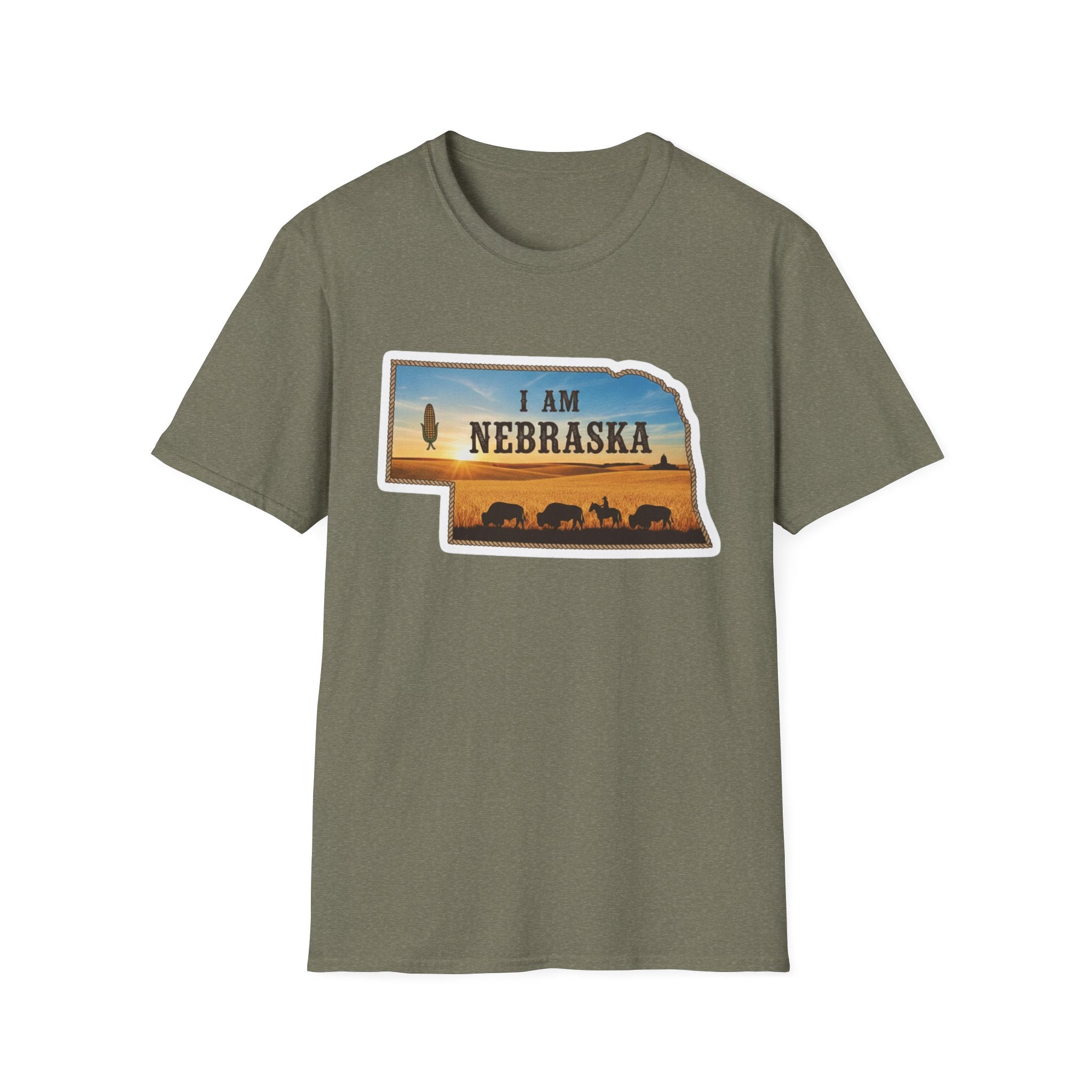 T-Shirt i am Nebraska, olivgrün; Frontprint mit Nebraska-Text und Tierherde