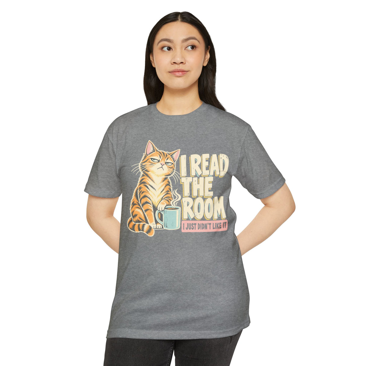 Gray crewneck T-shirt with orange cat and coffee mug graphic and “I read the room” wording