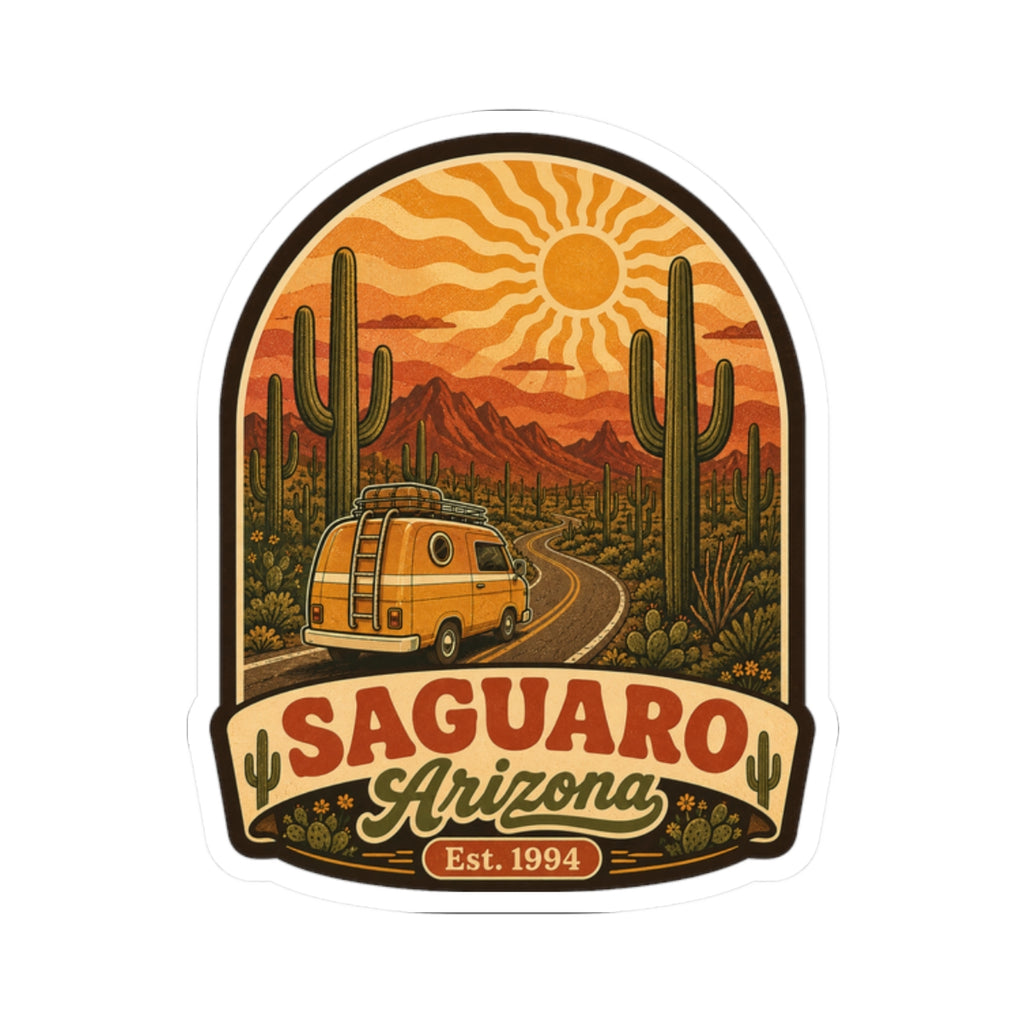 Saguaro Arizona badge sticker with winding road, cacti, orange sunset, Est. 1994