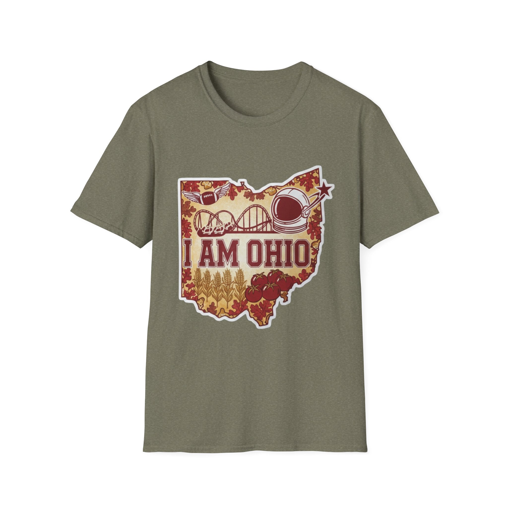 I Am Ohio T-Shirt, olivgrünes Shirt mit Karten-Outline und „I AM OHIO“ Aufdruck