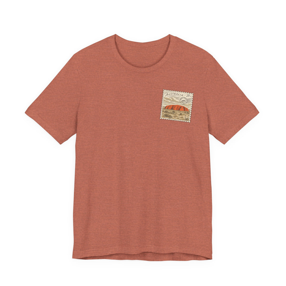 Rust brown t-shirt with small vintage postage-stamp style graphic on the chest