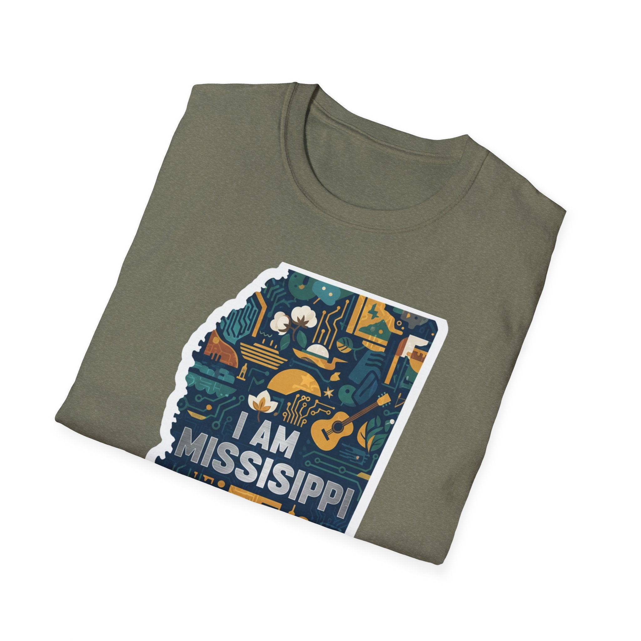 Olive green T-shirt with full “I AM MISSISSIPPI” state illustration graphic