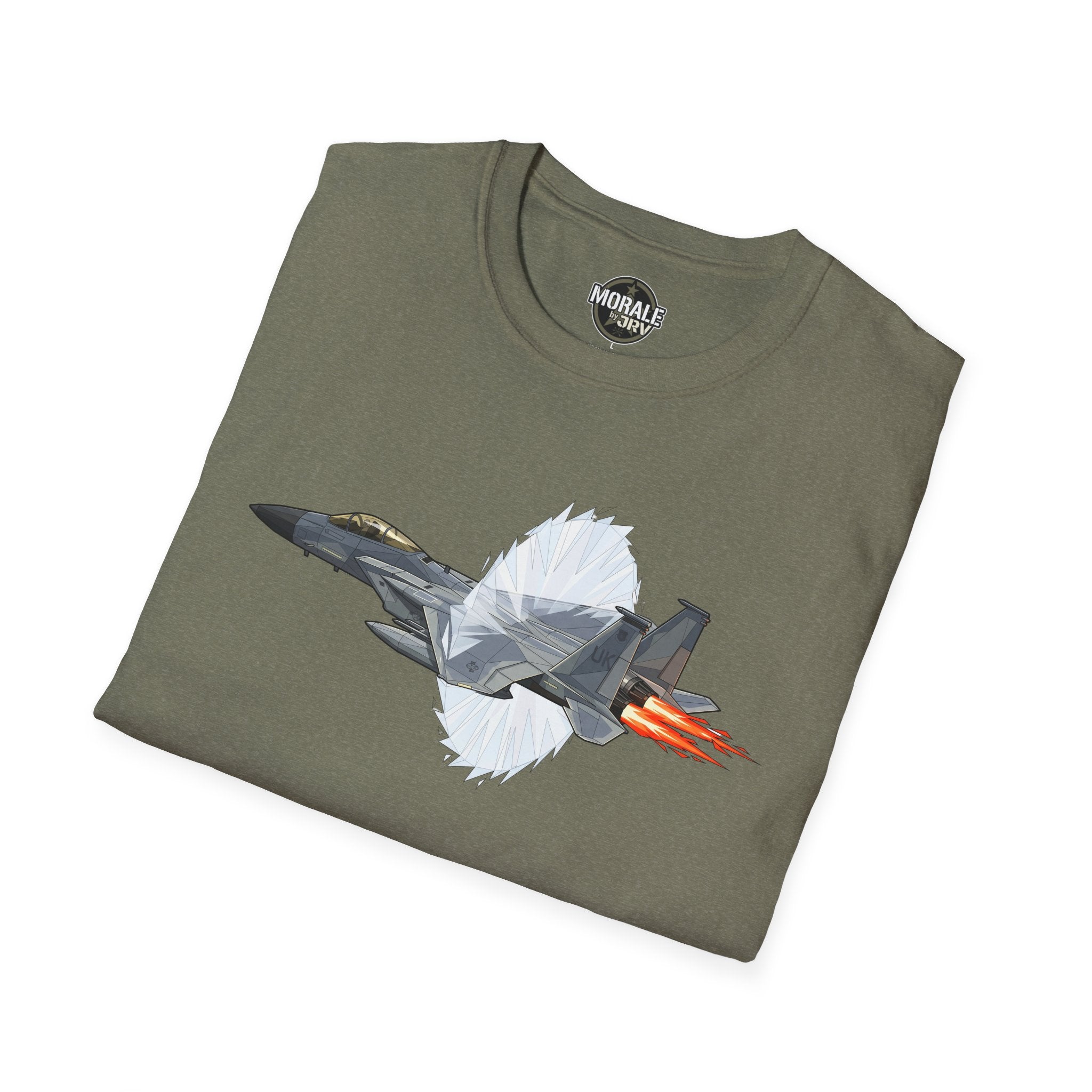 Heather Military Green Fighter Jet Afterburner T‑Shirt with jet and orange flame