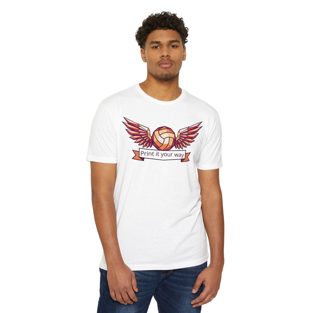 White volleyball T-shirt with winged volleyball graphic and ribbon text on front.