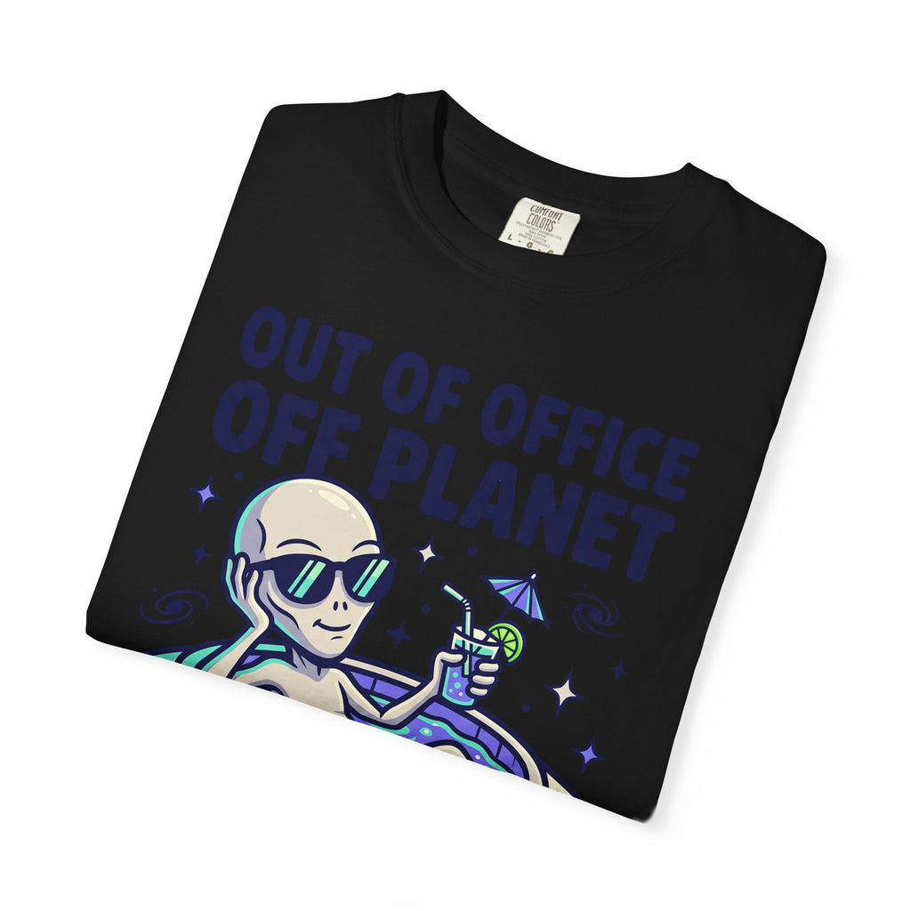 Black T-shirt with 'OUT OF OFFICE OFF PLANET' alien and UFO graphic