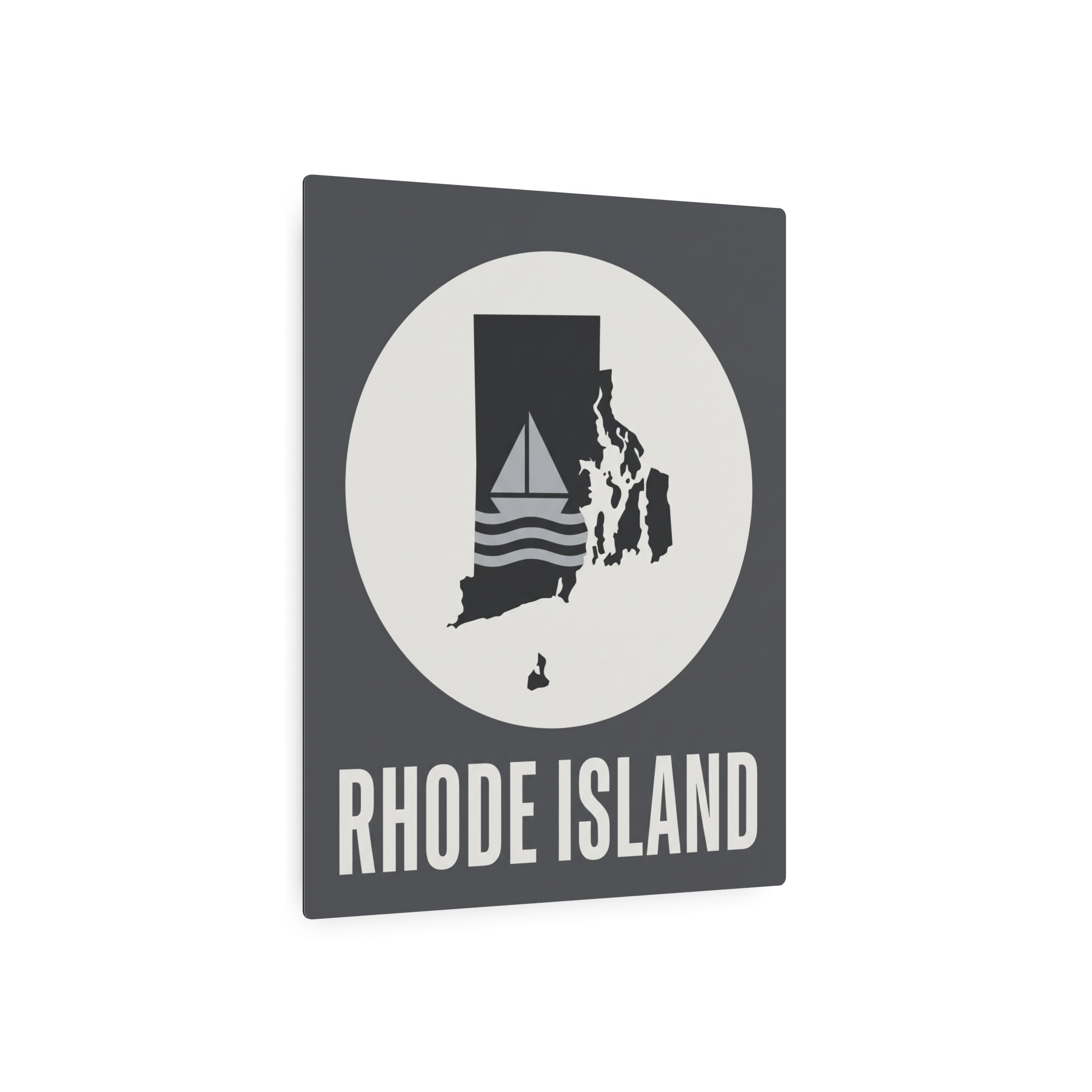 Square metal art sign featuring Rhode Island sailboat silhouette in white circle with "RHODE ISLAND"