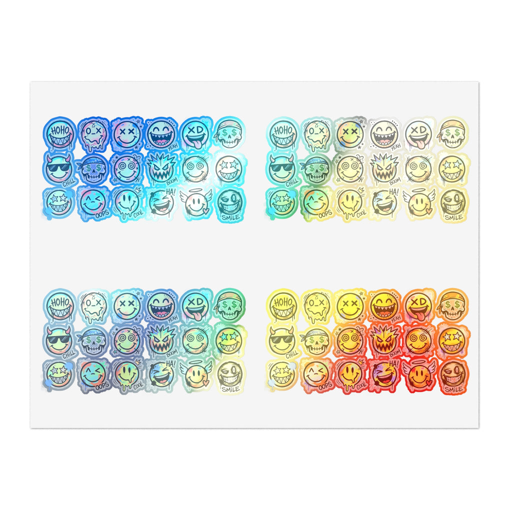 Emoji-Gesichts-Stickerbogen mit Die-Cut Aufklebern, holografisch schimmernde Umrisse