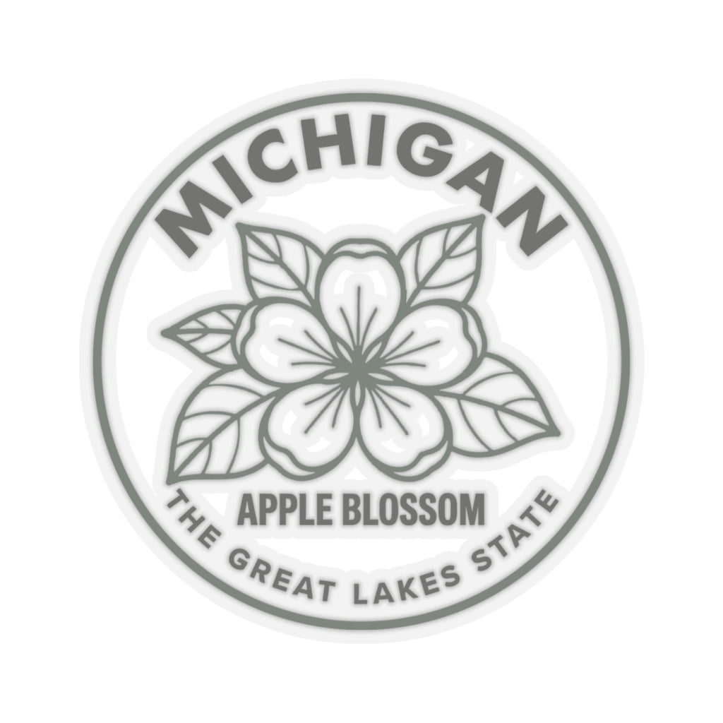 Round Michigan apple blossom transparent vinyl decal, centered floral outline and state wording