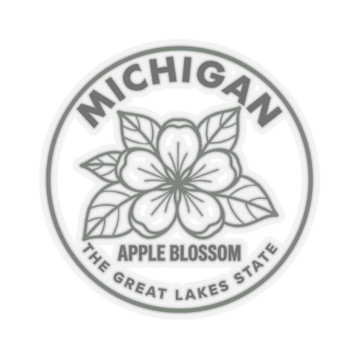 Round Michigan apple blossom transparent vinyl decal, centered floral outline and state wording