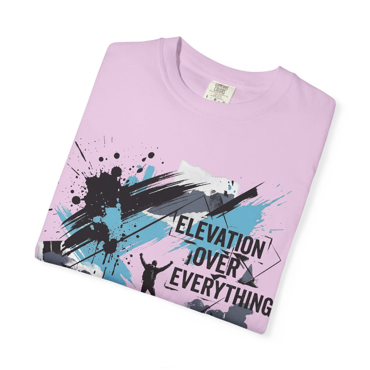 Light purple crewneck t-shirt with Elevation over everything mountain and splatter graphic