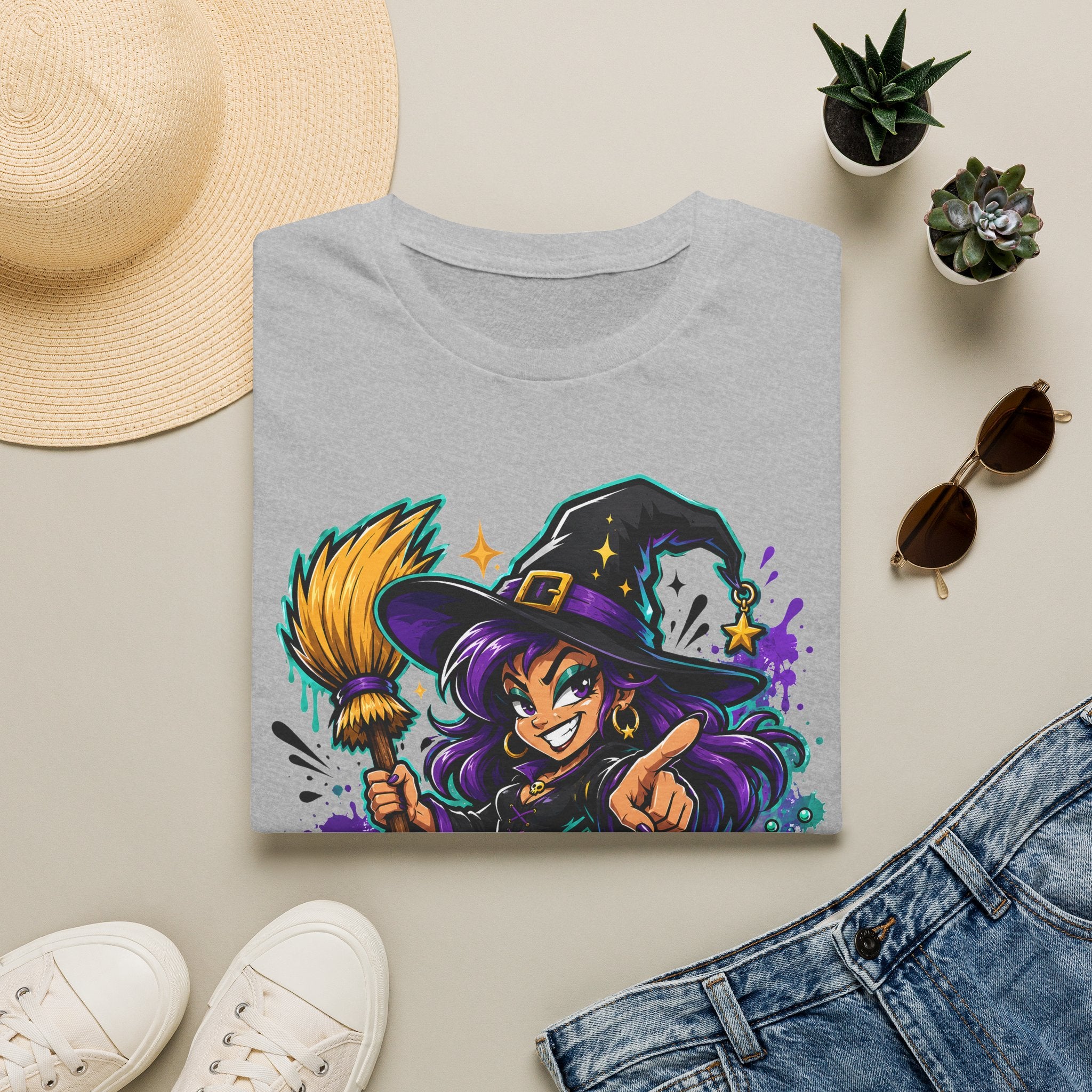Light gray T-shirt laid flat with colorful witch and candy graphic on the chest