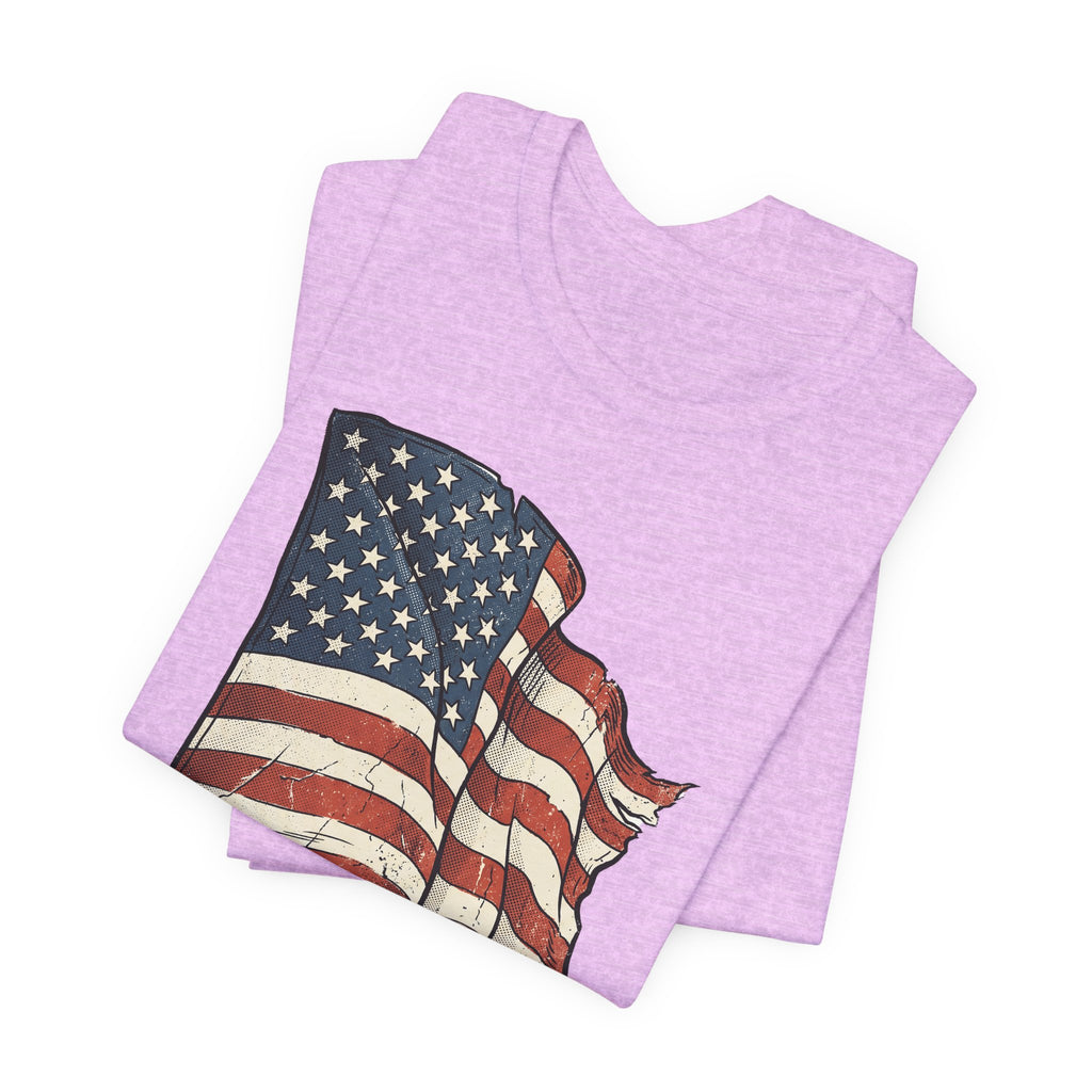 Heather lilac graphic T-shirt with waving American flag stars and stripes