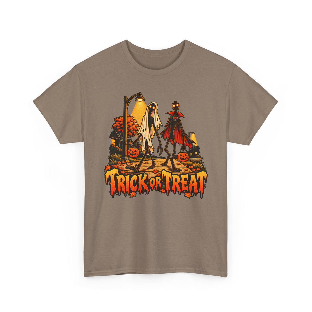Khaki Halloween T-shirt with ghost, vampire and 'Trick or Treat' front graphic