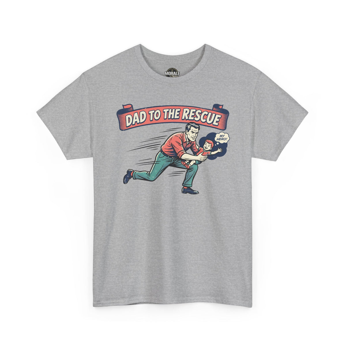 Men's heather gray graphic T-shirt with "DAD TO THE RESCUE" front design