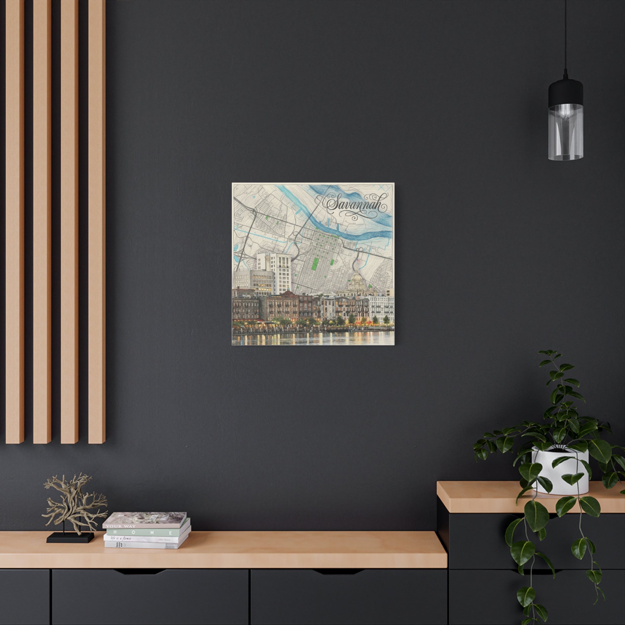 Savannah, GA stretched canvas art, 1.25 in: distant city map with Savannah wordmark