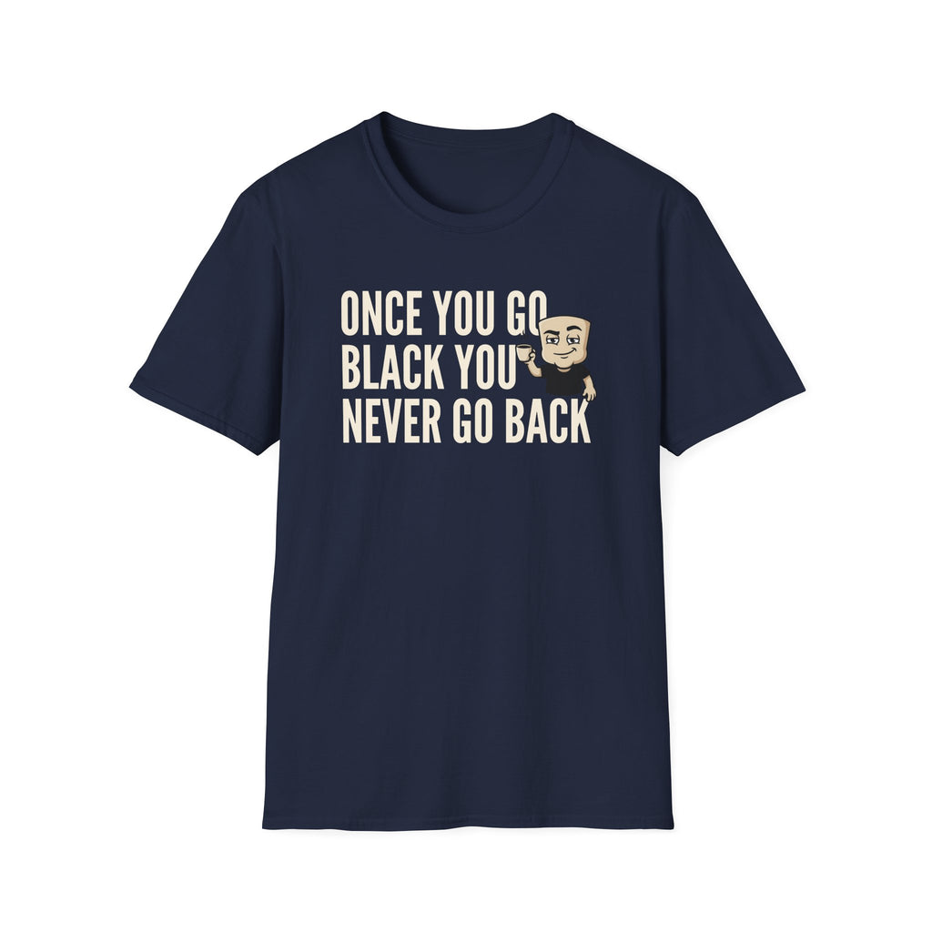 Navy T-shirt with coffee mug slogan print