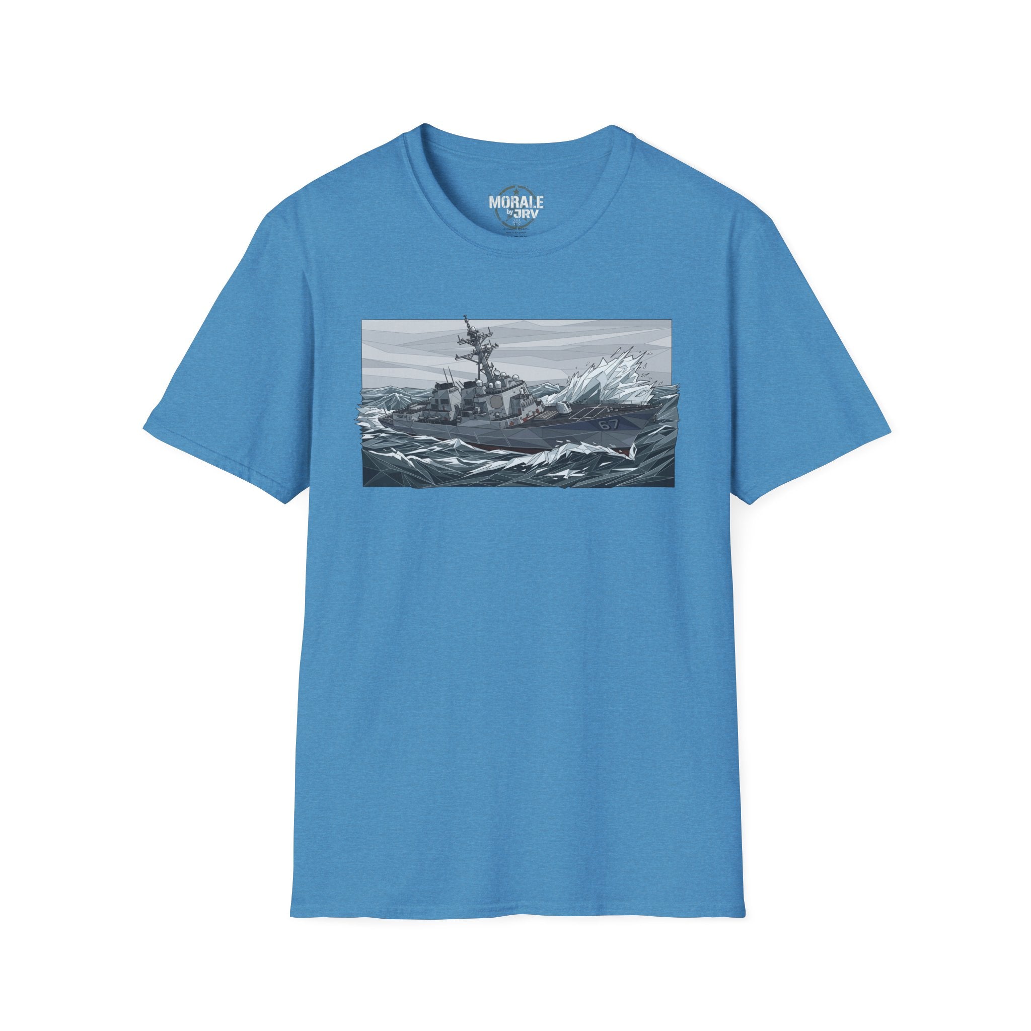 Blue T-shirt with battleship stormy sea graphic on the front