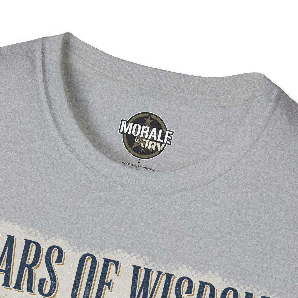 Sport grey T-shirt neckline with circular logo and “Years of Wisdom” text edge