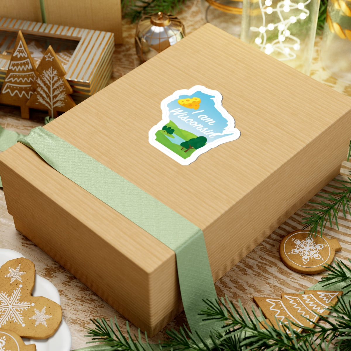I am Wisconsin sticker on wrapped gift box, blue map with cheese and trees