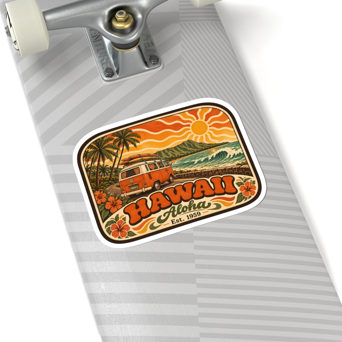 Rectangular kiss-cut sticker with vintage Hawaii design, orange camper van, palms, sun and surf waves