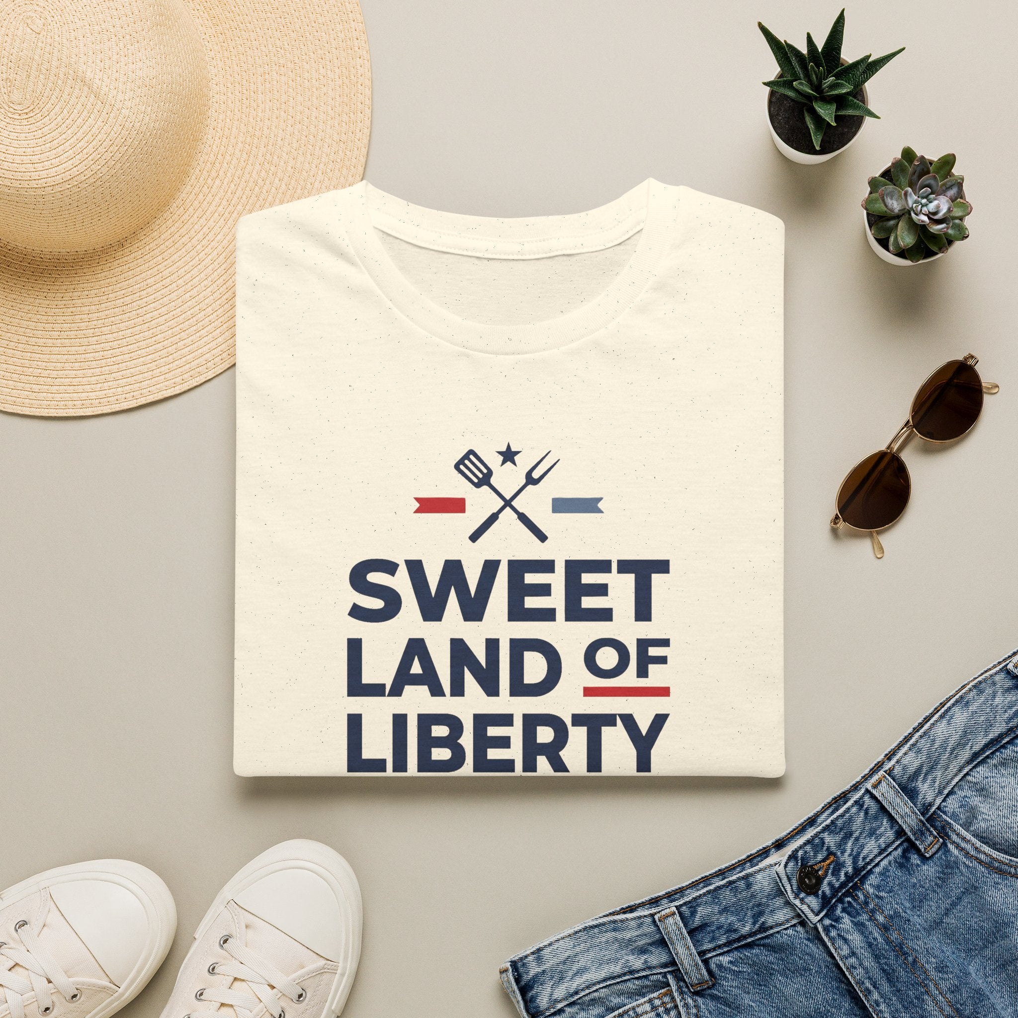 White BBQ T-shirt with 'Sweet Land of Liberty' text and grill-crossed icon