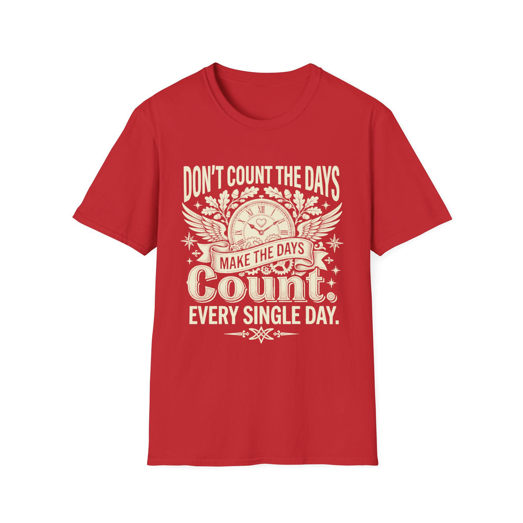 Red graphic quote T-shirt with clock and wings: “Count. Every single day.”