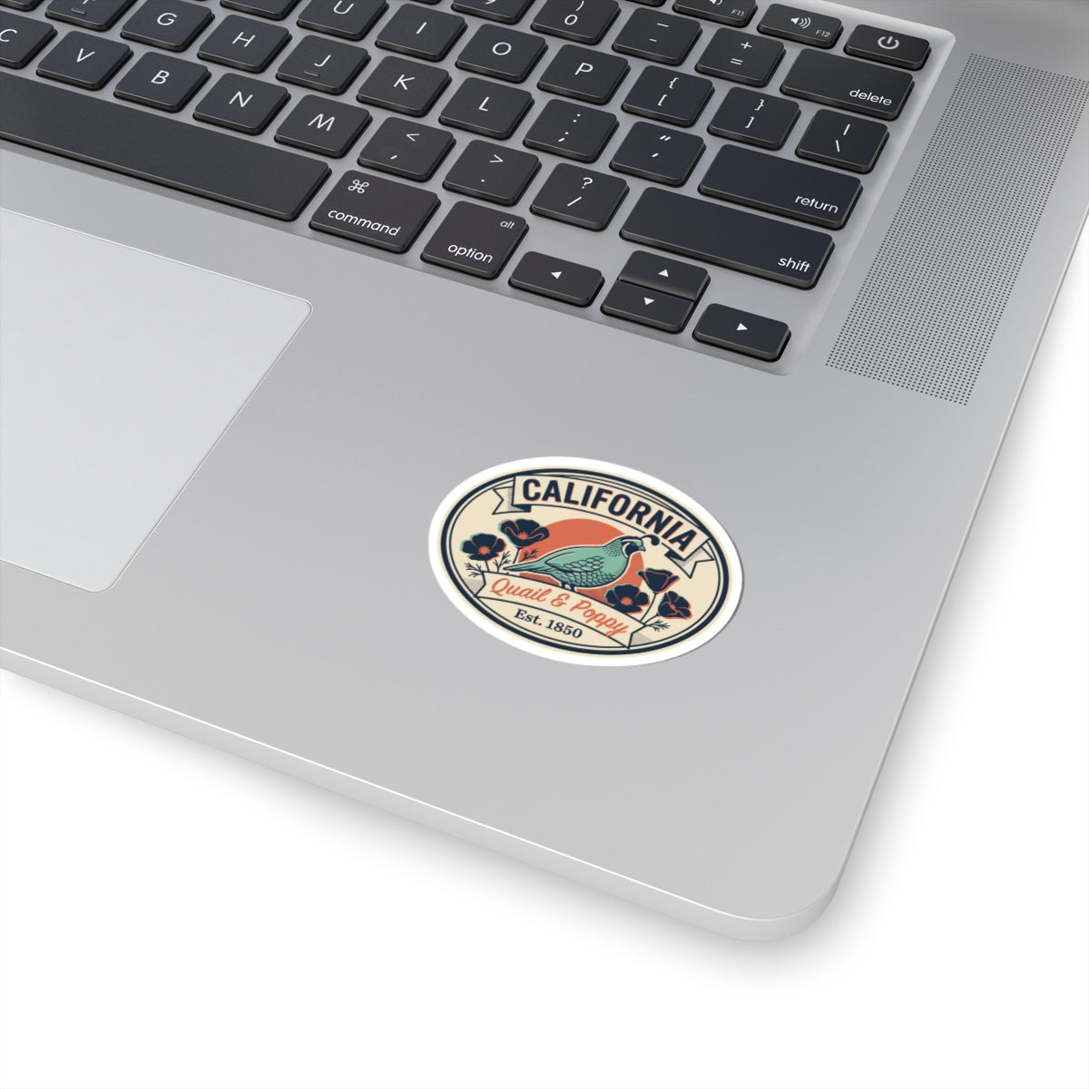 Round vintage California sticker badge with quail and poppy illustration, white border