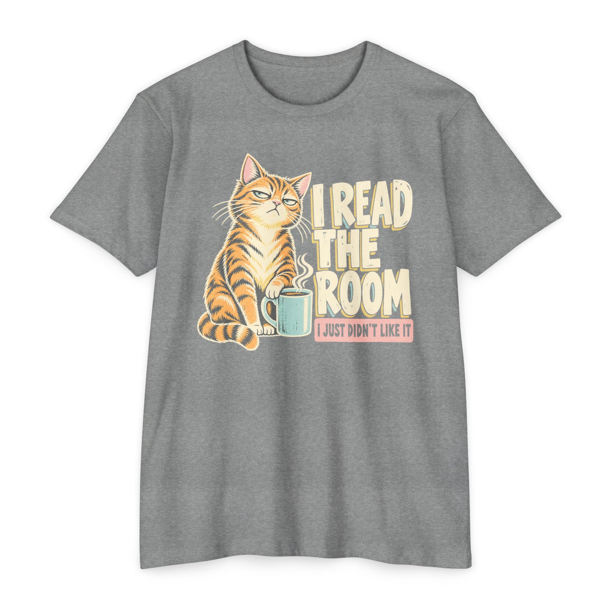 Heather gray crew-neck short-sleeve cat T-shirt with “I Read the Room” graphic and mug