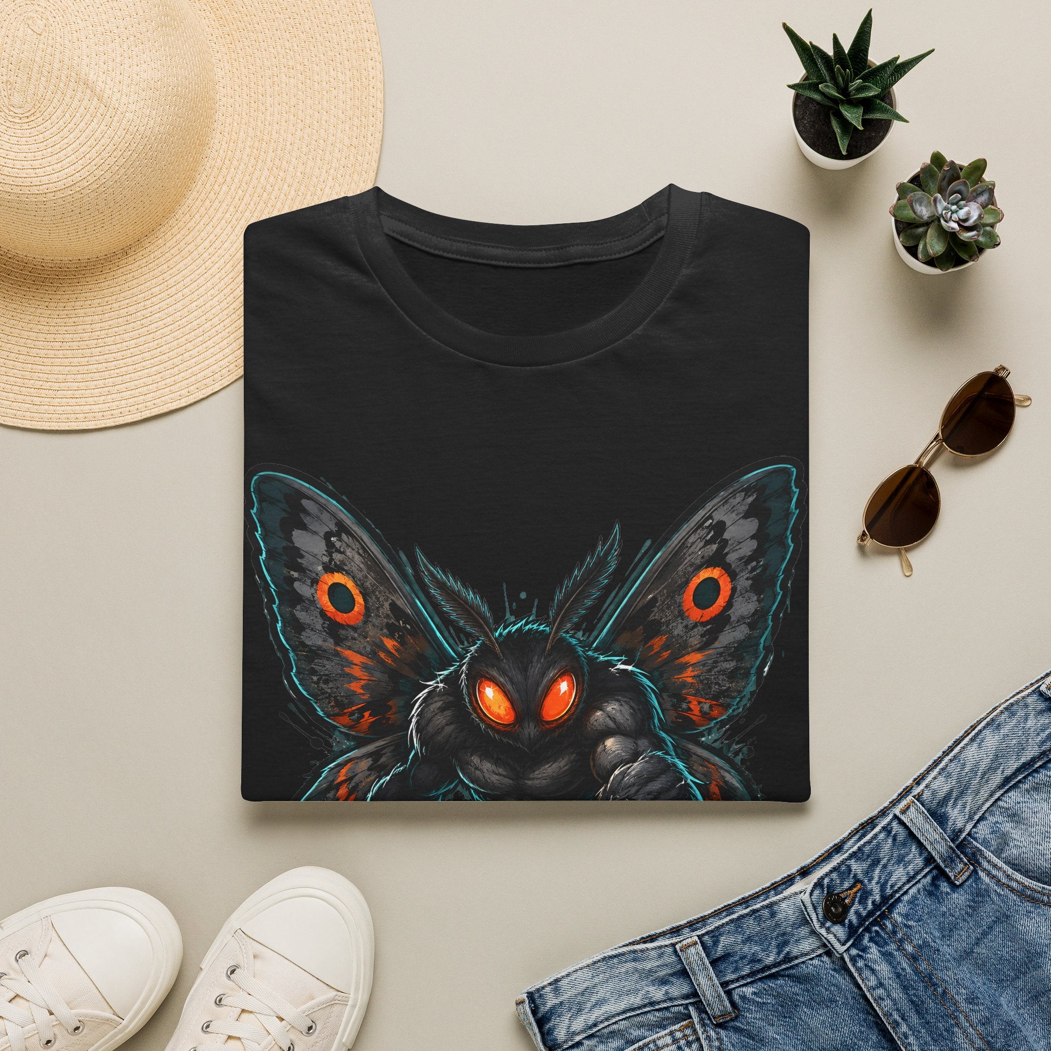 Black graphic monster moth t-shirt with glowing red eyes and spread wings