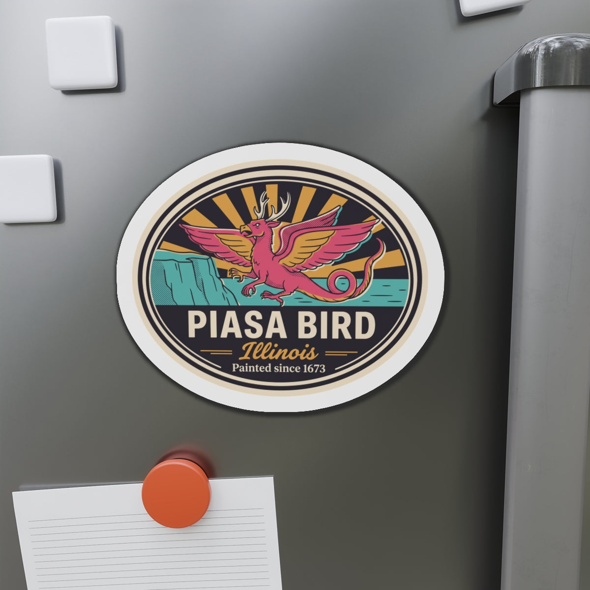 Large view of round die-cut Piasa Bird Illinois sticker magnet on refrigerator door