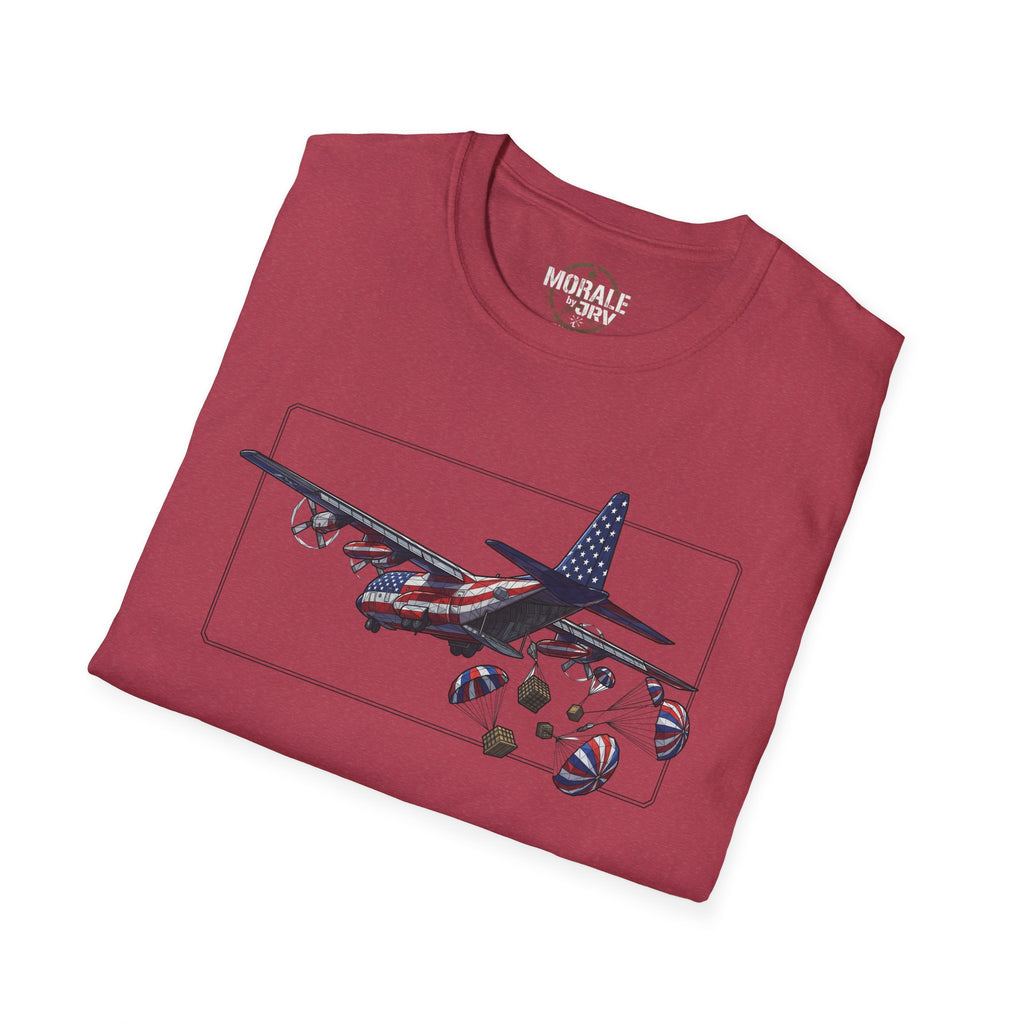 C-130 Hercules T-Shirt with C-130 graphic dropping supplies, dark red crew neck