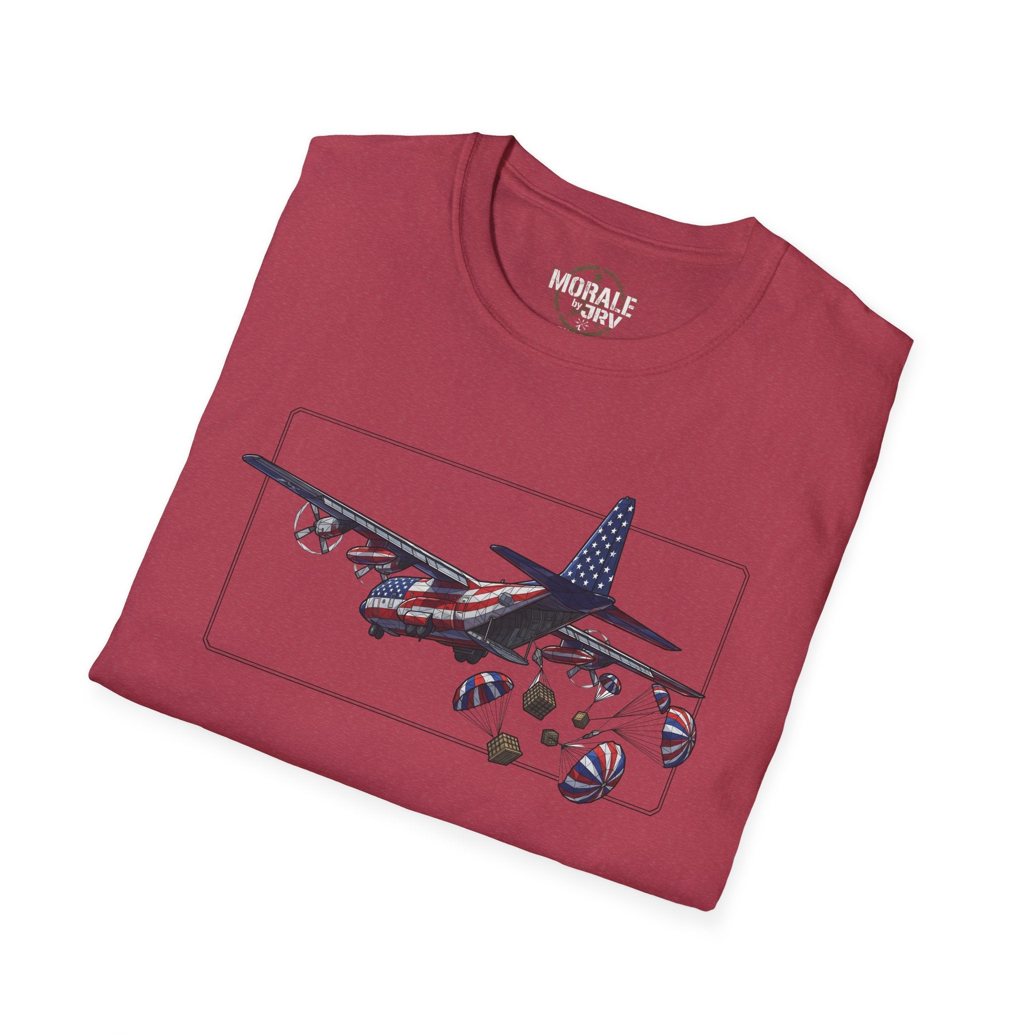 C-130 Hercules T-Shirt with C-130 graphic dropping supplies, dark red crew neck