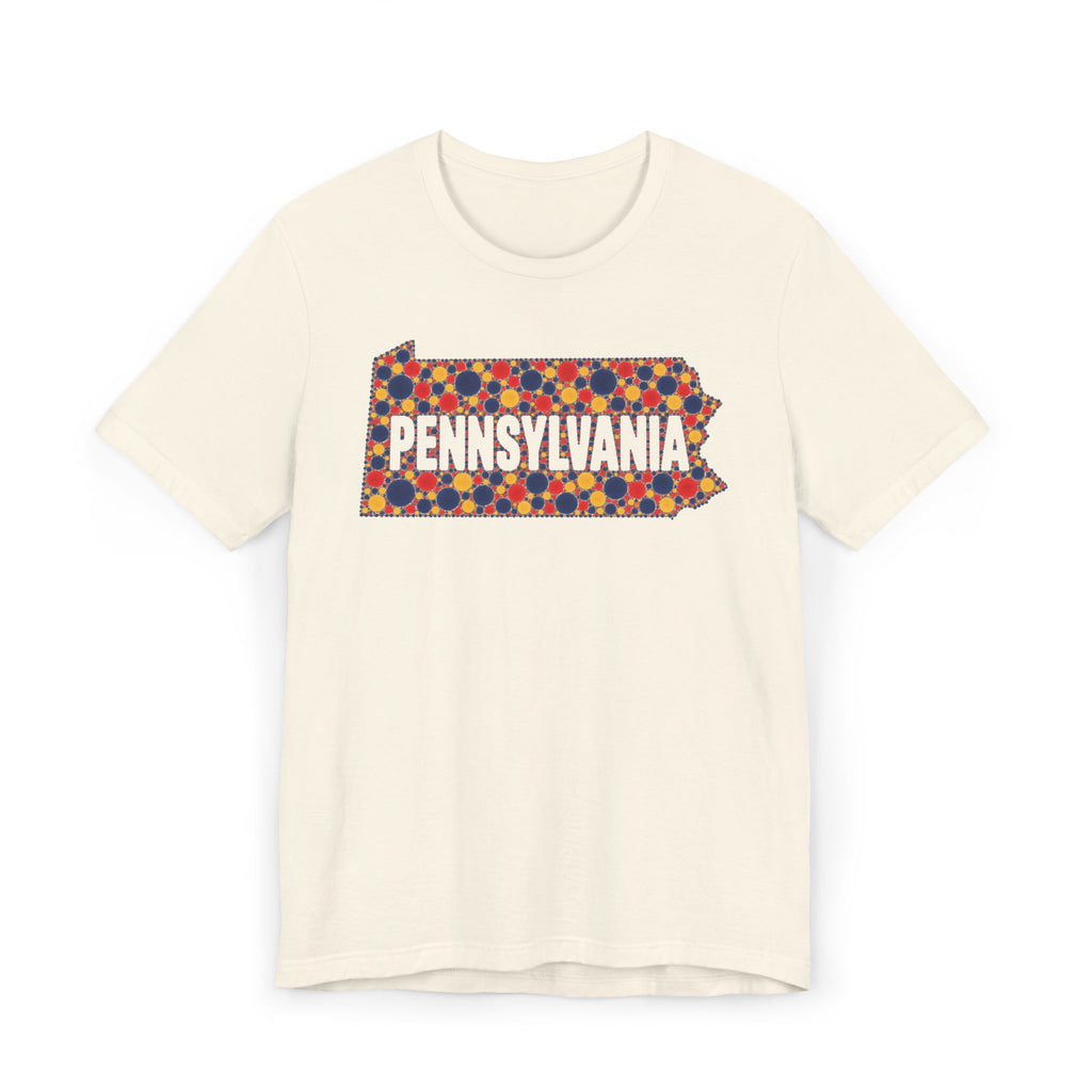 Natural crew-neck t-shirt with colorful dotted Pennsylvania graphic on chest