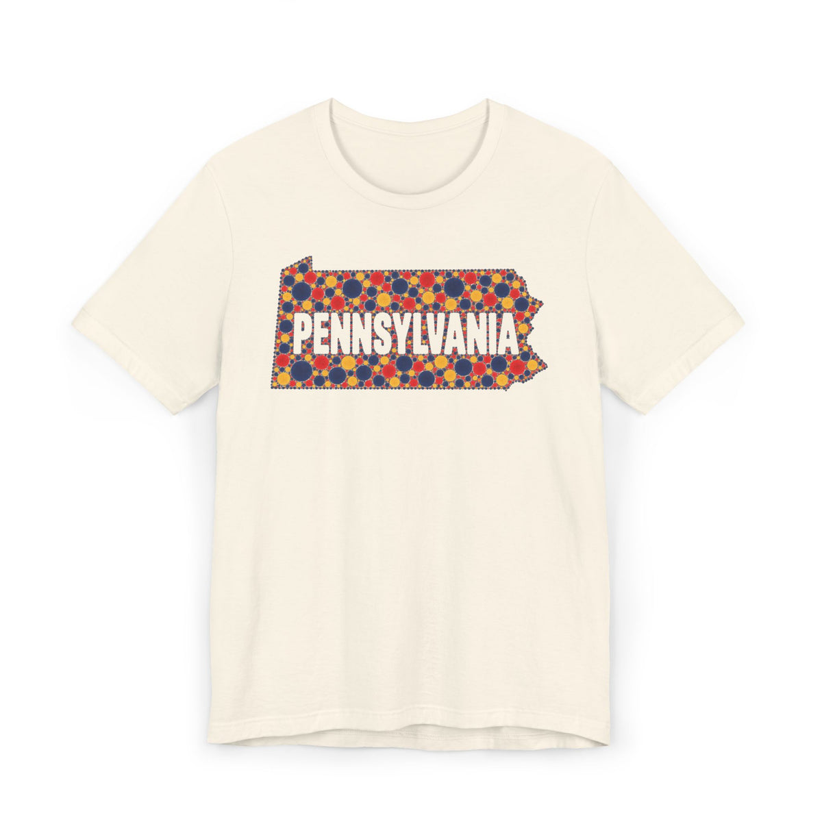 Natural crew-neck t-shirt with colorful dotted Pennsylvania graphic on chest