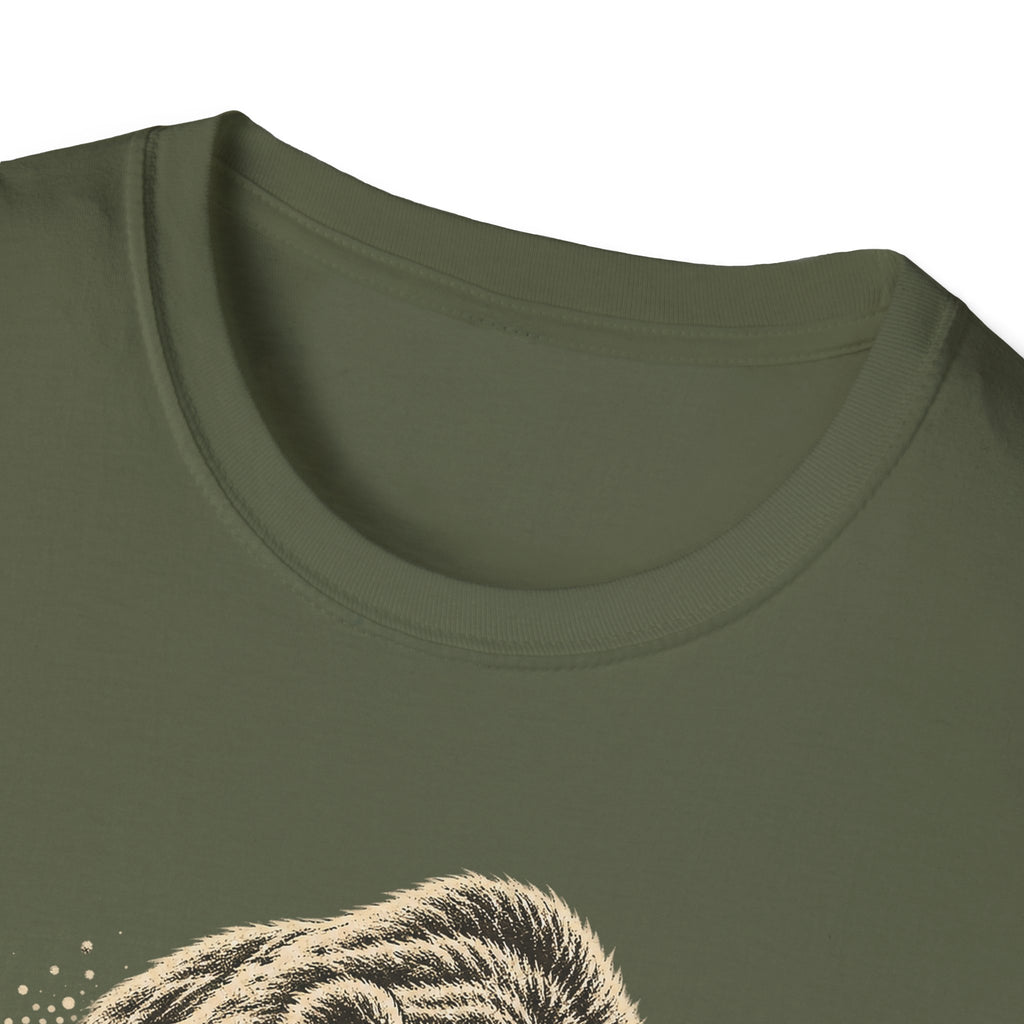 Military green T-shirt with crew neck and partial bear face graphic at bottom